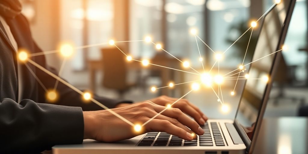 Professional's hand, laptop, vibrant network connections.