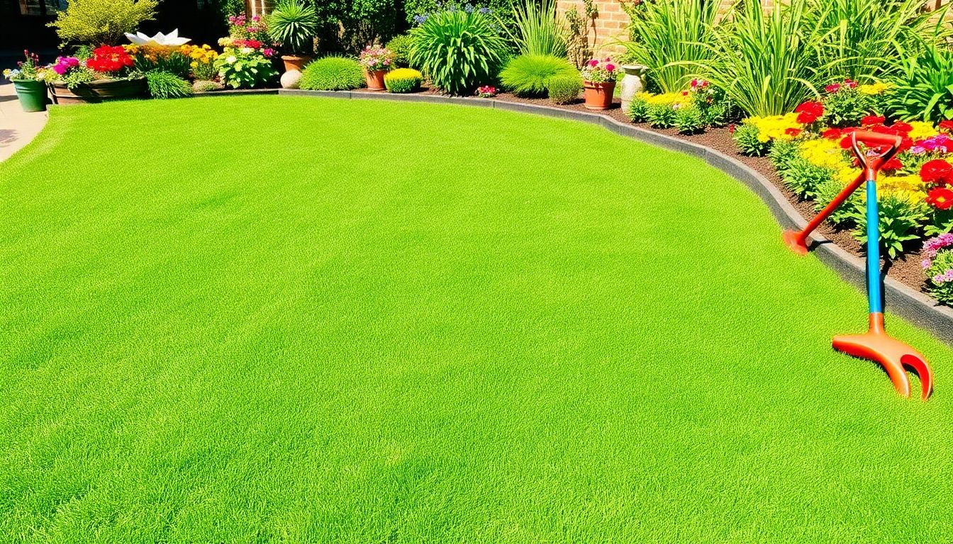 A well-maintained green lawn with flower beds.