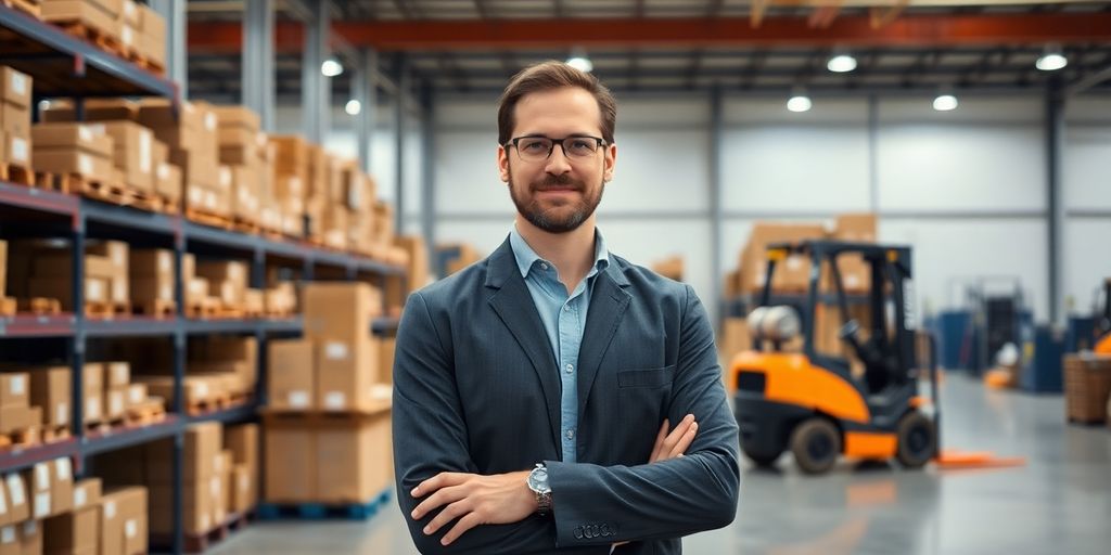 Supply chain manager reviewing inventory in a warehouse.