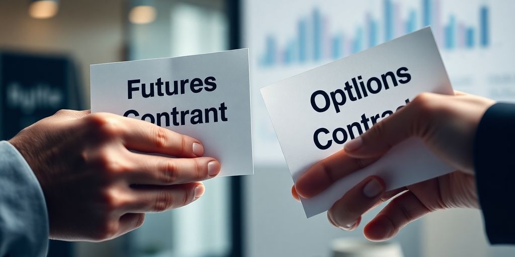Two hands, one holding a futures contract, other an options contract.