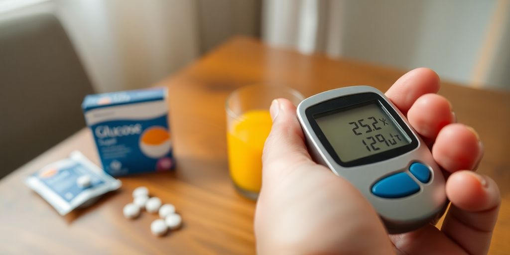Person checking blood sugar, eating glucose tabs.