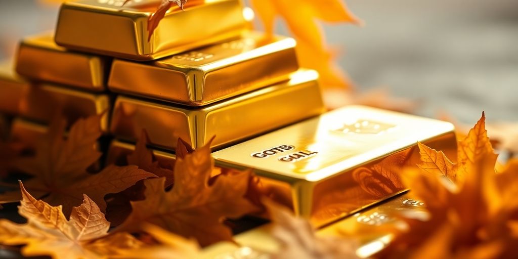Lingots d'or et feuilles d'érable dorées