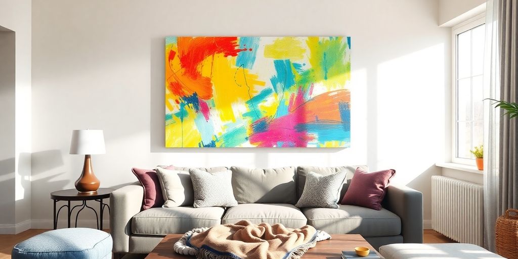 Well-lit living room, vibrant artwork.