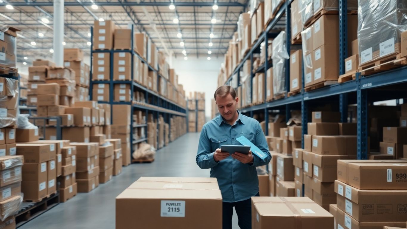 Workers checking inventory in an organized warehouse aisle