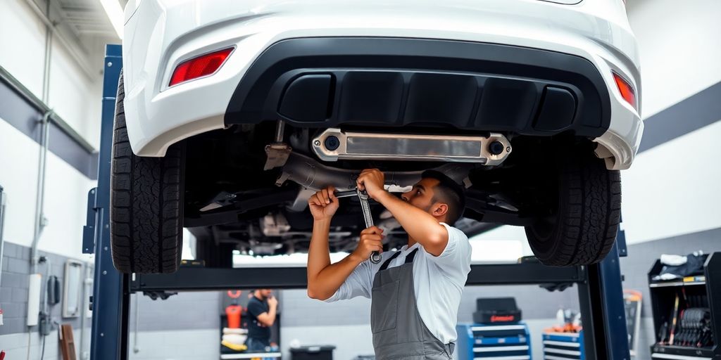 Car on lift, mechanic inspecting underneath.