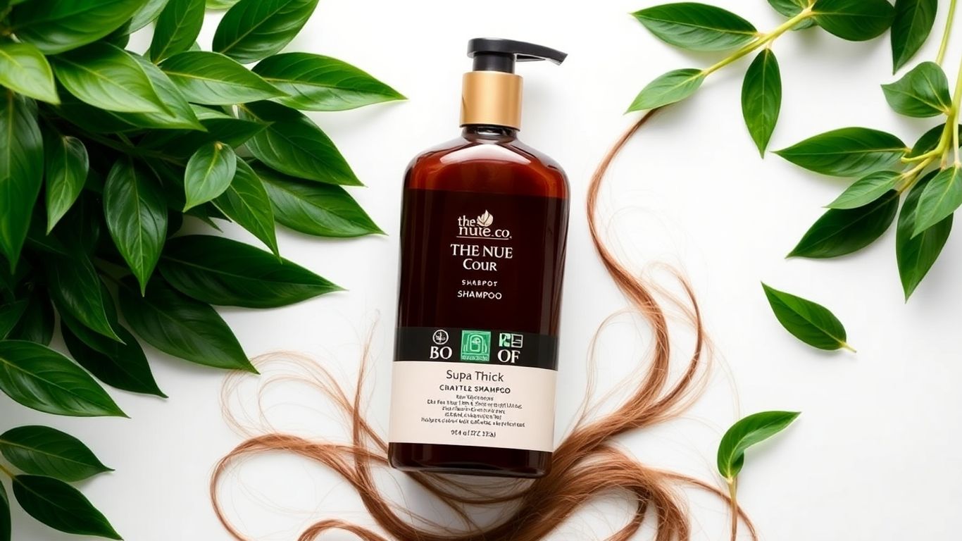 Bottle of The Nue Co. Supa Thick shampoo with healthy hair and leaves.