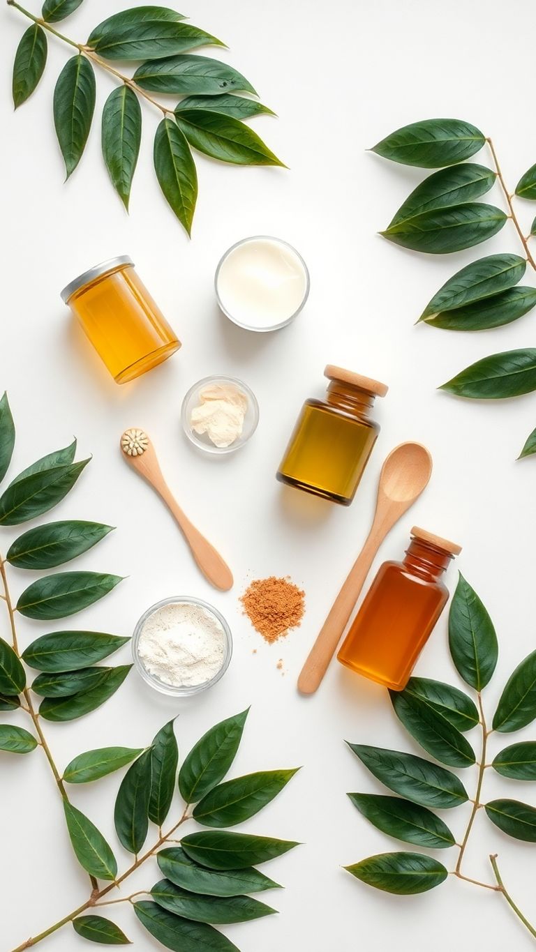 Flat lay of eco-friendly skincare products and natural elements.