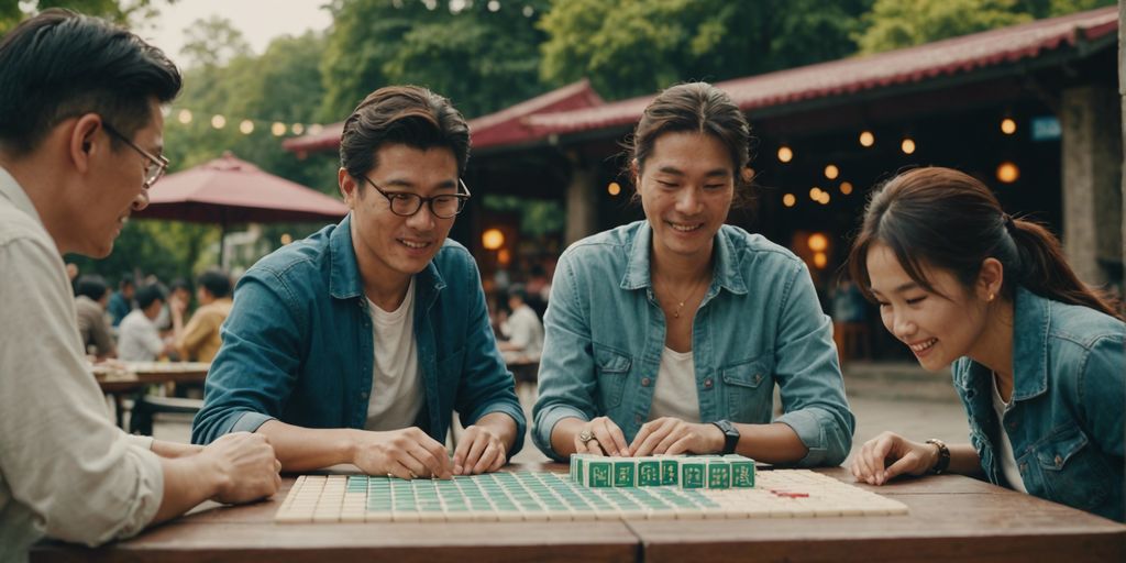 People enjoying a game of Mahjong with giant tiles in an outdoor setting, highlighting the unique twist on the classic game.