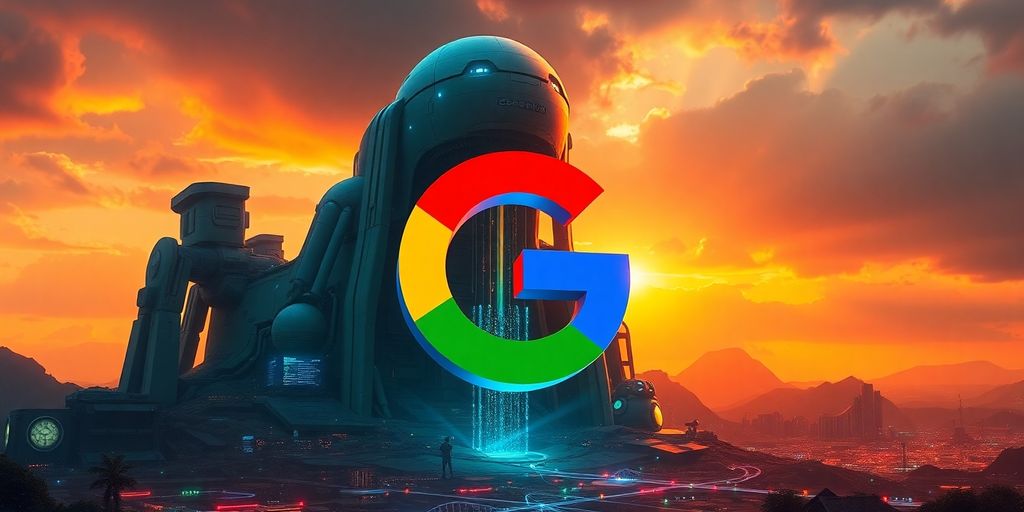 Futuristic AI landscape overshadowing Google's logo.