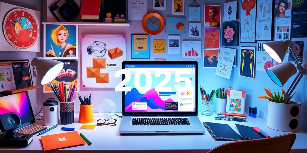 Bright workspace with laptop and colorful digital art tools.