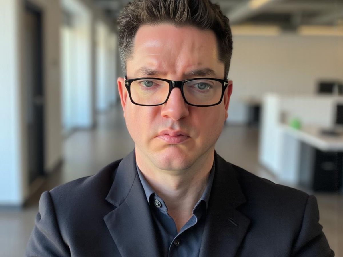 A serious individual in a modern office setting.