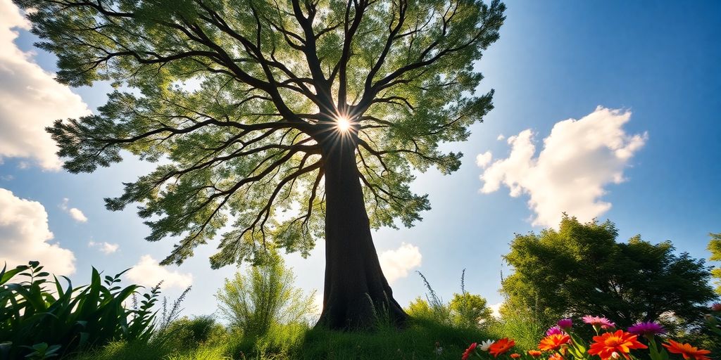 Tall tree in lush green surroundings with bright sunlight.