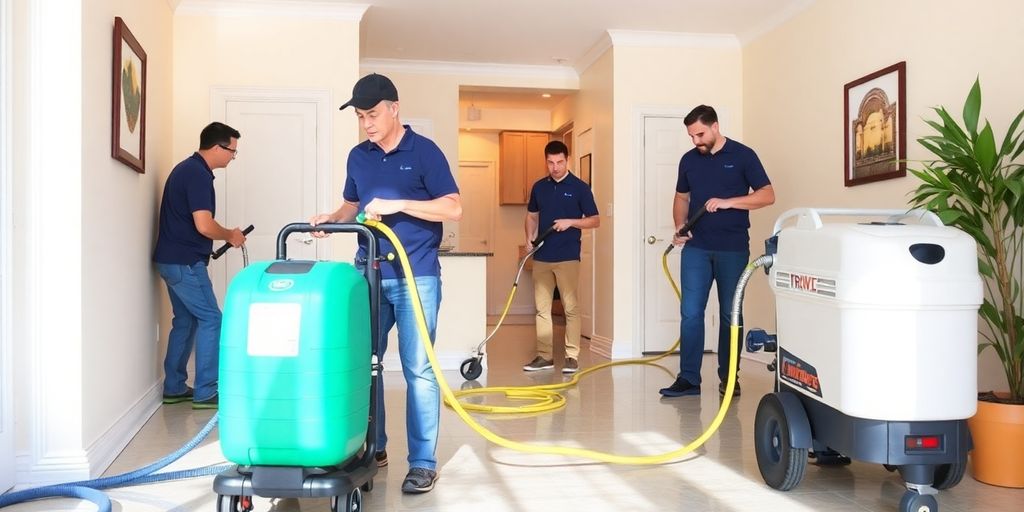 Water damage cleanup team working in a home.