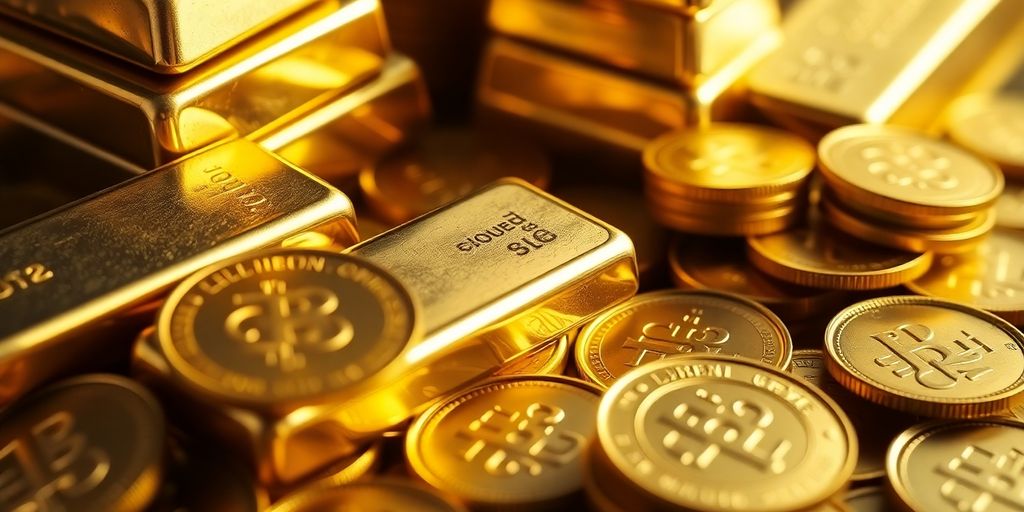 Lingots d'or et pièces anciennes disposés avec soin.