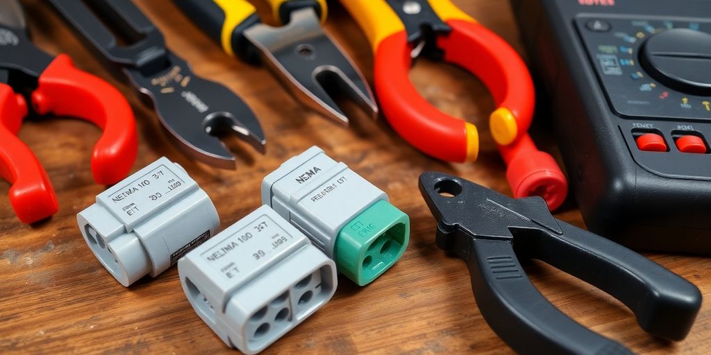 NEMA 10-30 connectors and tools for EV charging installation.