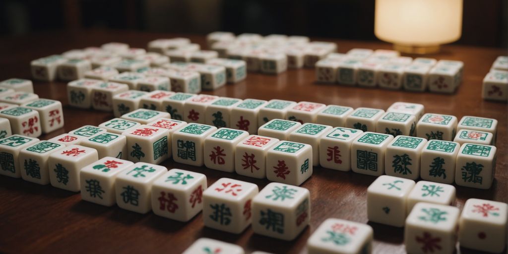 Different sized mahjong tiles arranged neatly on a table