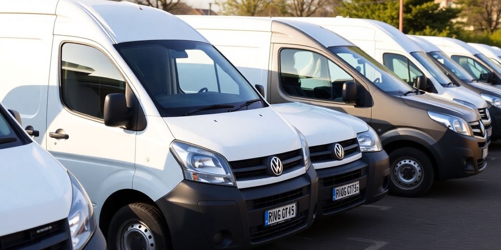 A fleet of medium-sized vans parked together.