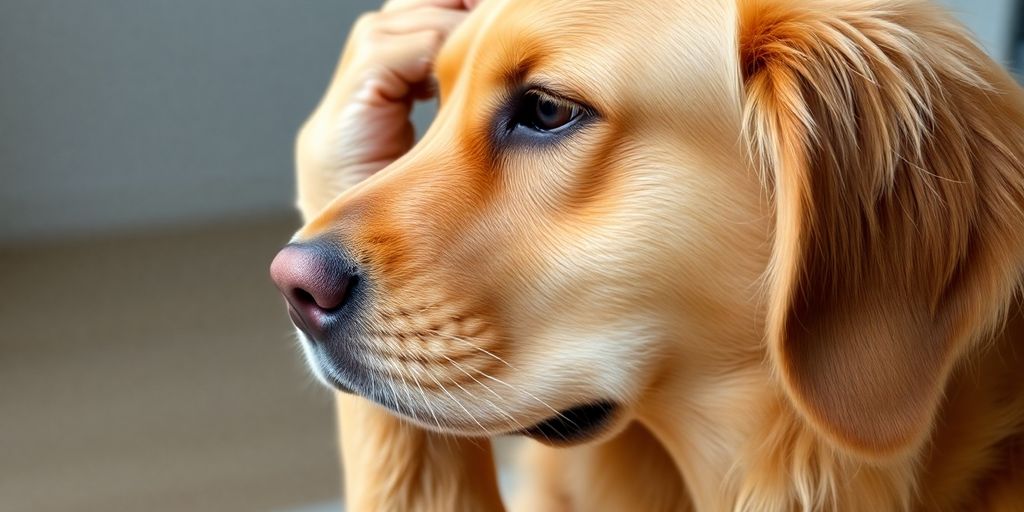 A dog scratching its ear, looking confused.