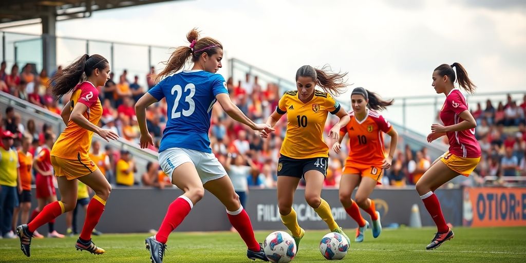 Women soccer players competing on the field.