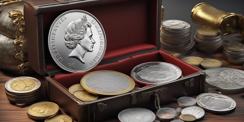 European silver coins collection with historical maps and treasure chest