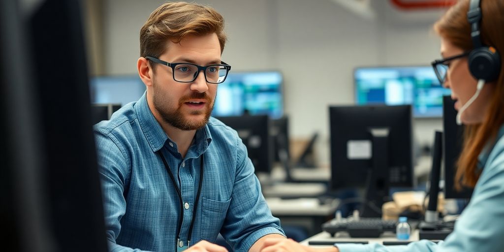 IT professionals collaborating in a tech troubleshooting environment.