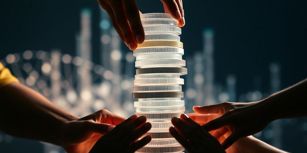 Diverse hands building crypto towers.