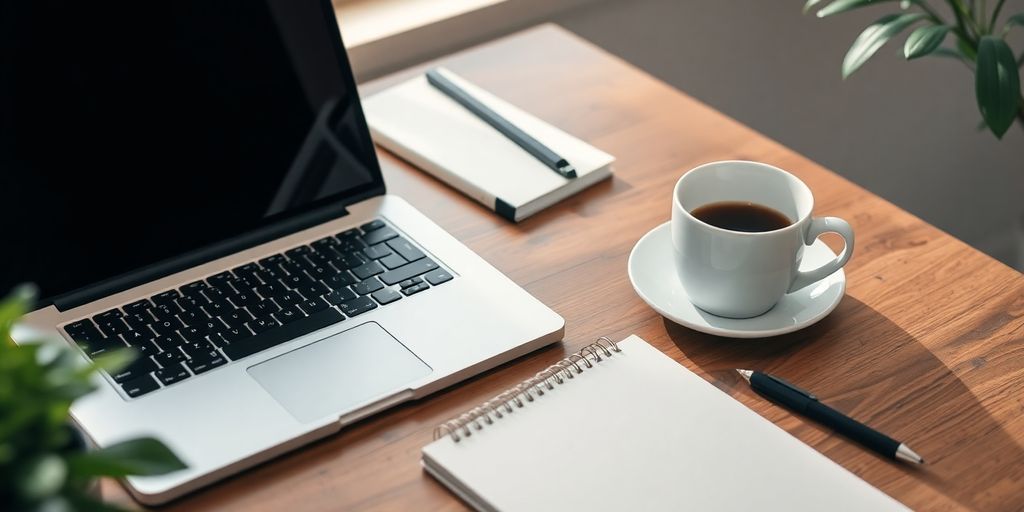 Workspace with laptop, notepad, and coffee on desk.