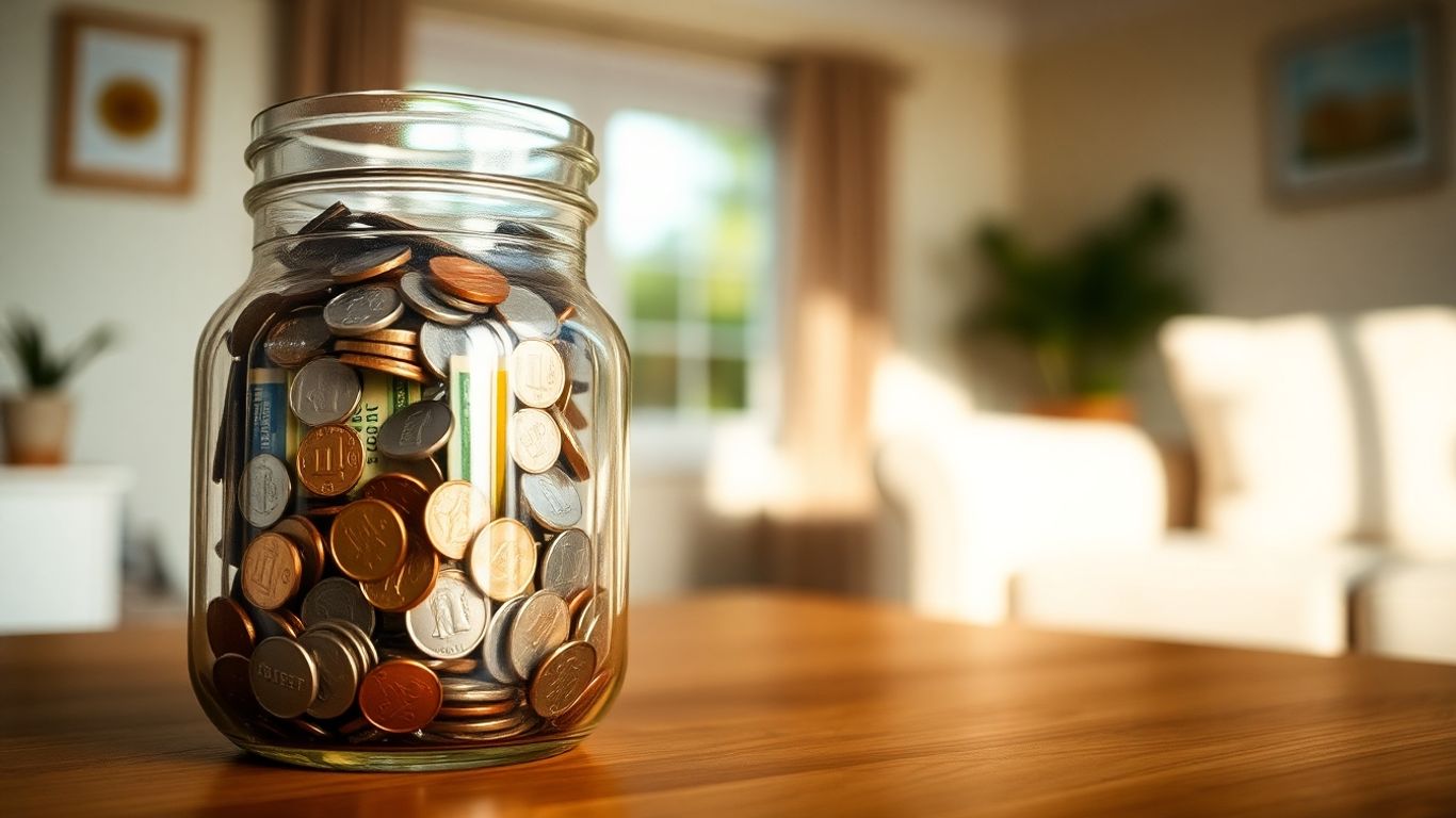 Pote de vidro com moedas e notas sobre mesa de madeira