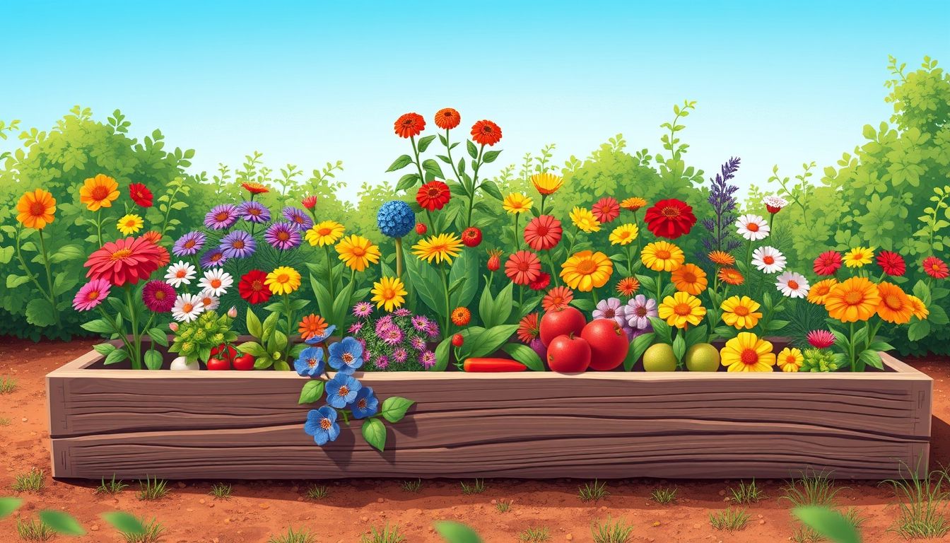 Vibrant raised bed garden with flowers and vegetables