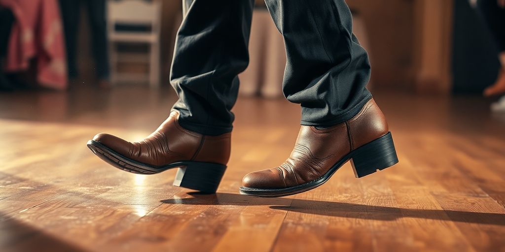 Cowboy boots dancing on a wooden floor.