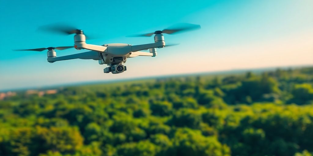 Drone flying over a green landscape with sensors.