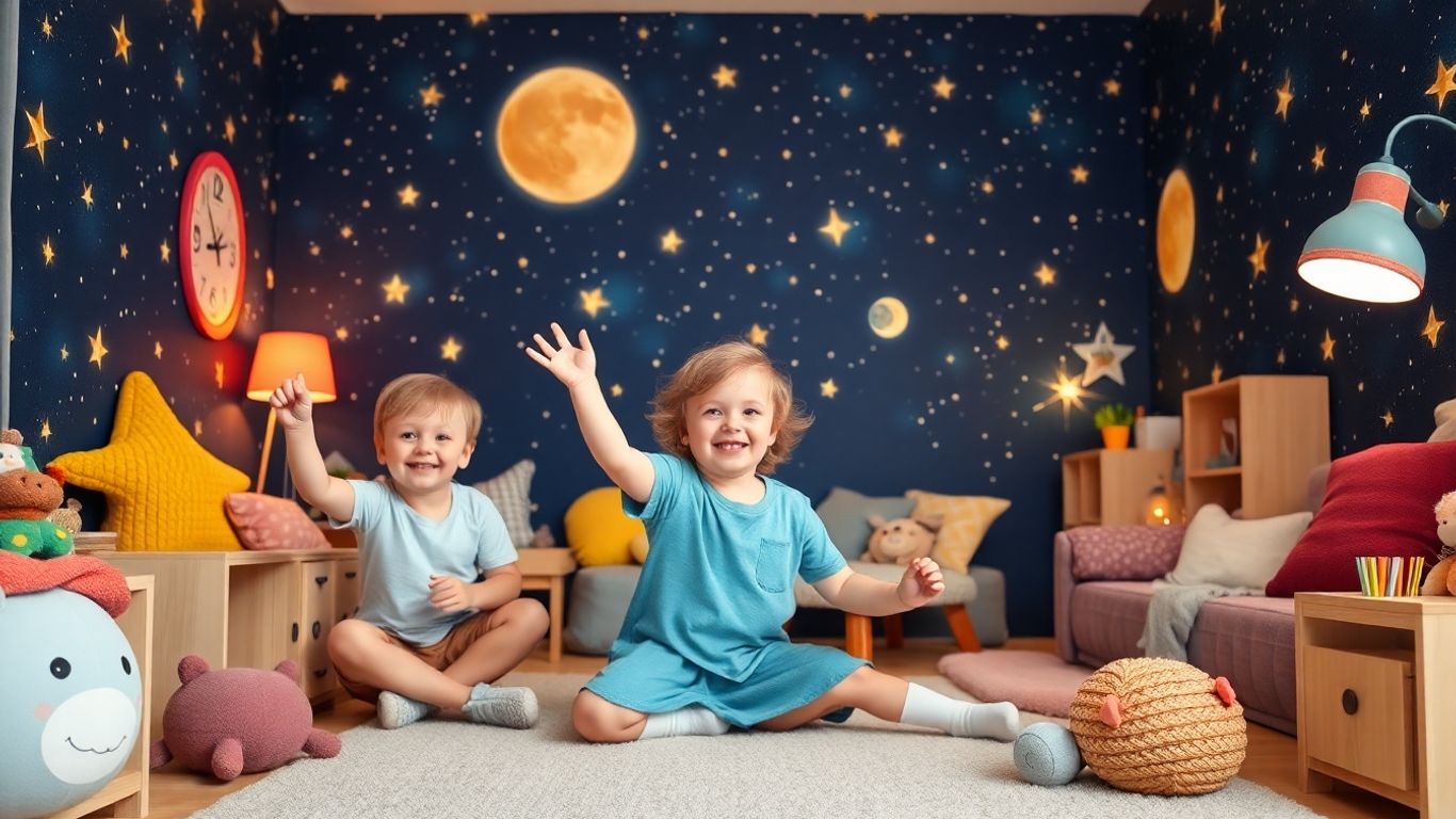 Children playing in a starry sky themed kids room.