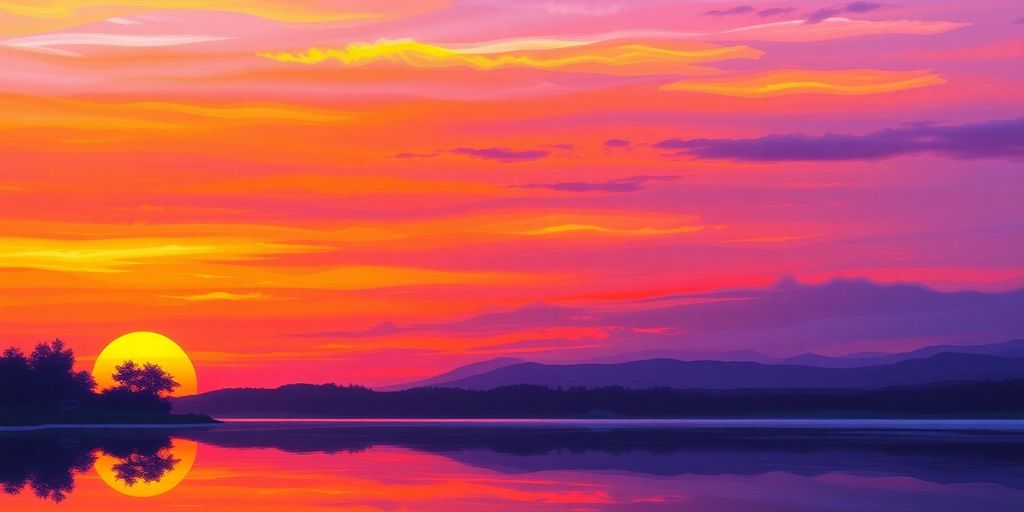 Colorful sunset painting with silhouettes and water reflection.