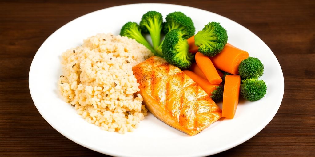 Heart-healthy dinner plate with salmon, vegetables, and quinoa.