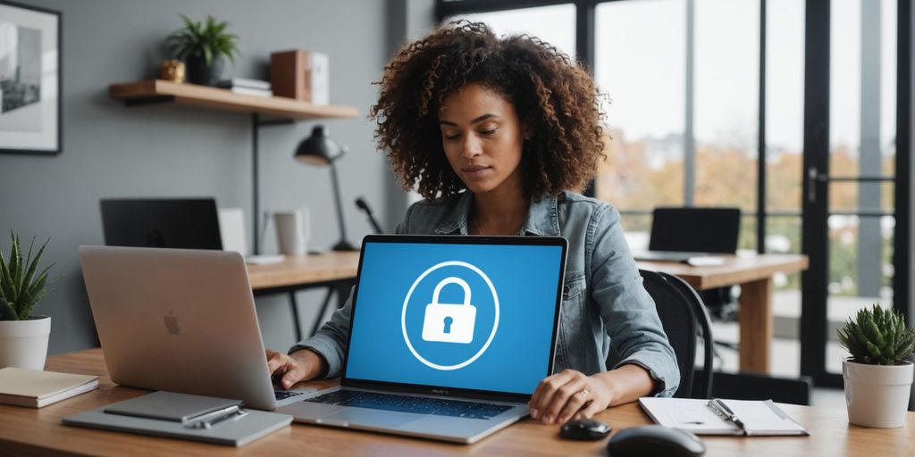 Person on laptop with lock icon overlay