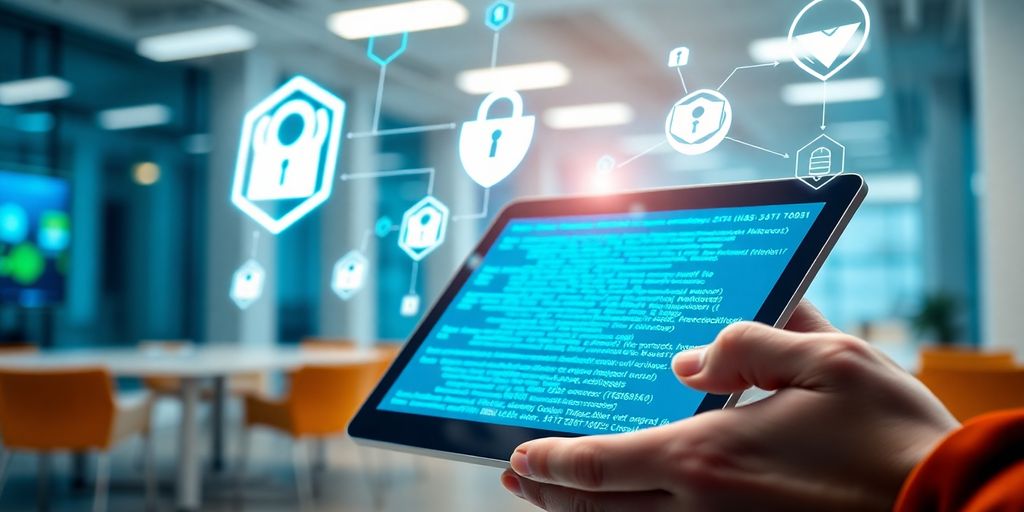Person using tablet with blockchain code in office.