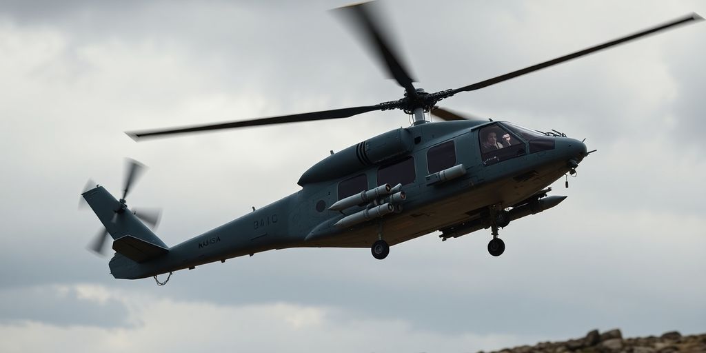 A Russian Ka-52 'Alligator' helicopter armed with missiles flying.