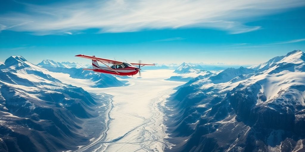 A small airplane flies over vast Alaskan glaciers and mountains.