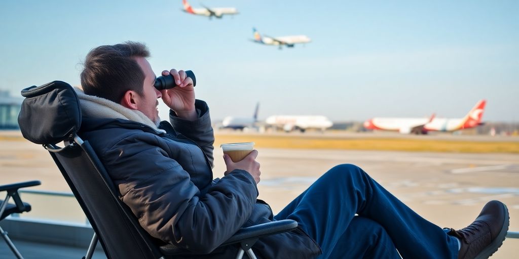 Person comfortably watching planes at an airport.