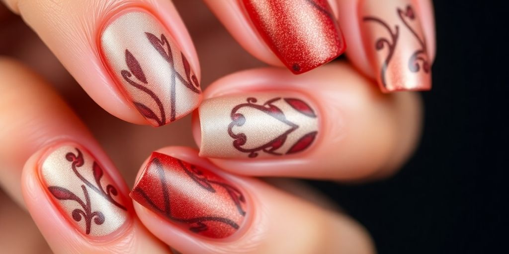 Unhas decoradas com tons de ferrugem e detalhes elegantes.