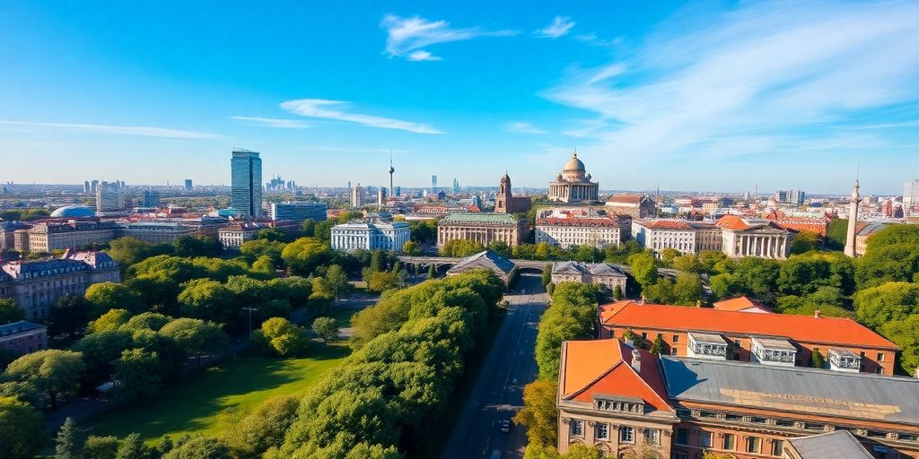Vue aérienne de Berlin avec ses contrastes architecturaux.