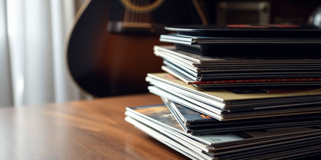 Vintage vinyl records and guitar on a wooden table.