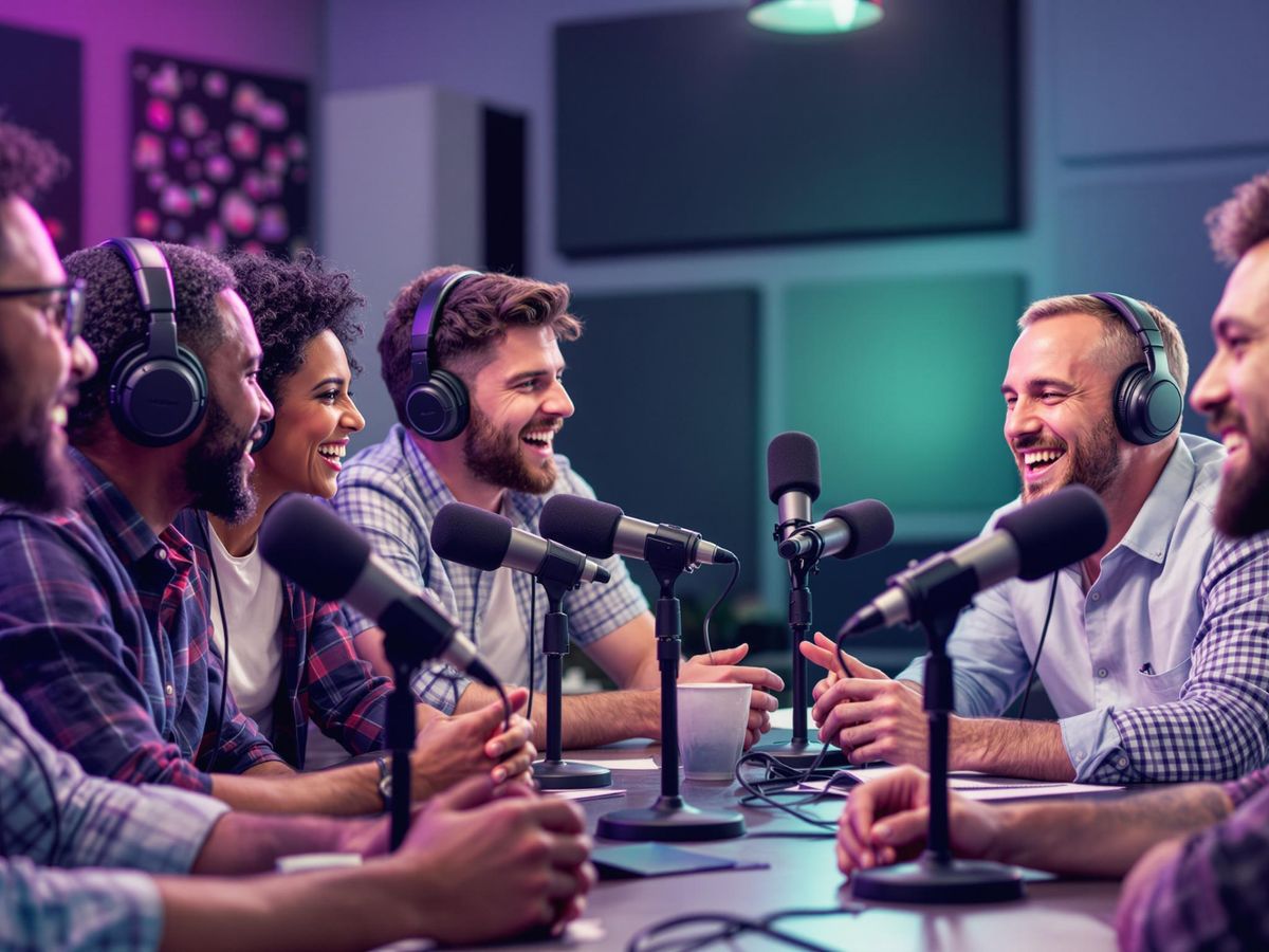 Diverse podcasters collaborating in a modern studio.