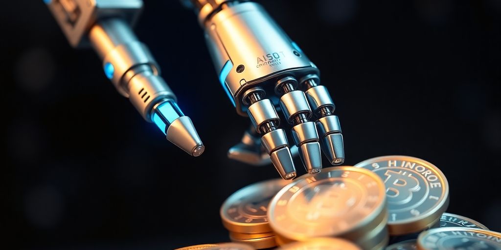 Robotic arm interacting with digital currency.