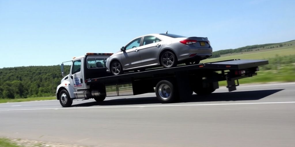 Flatbed tow truck transporting a car on the road.