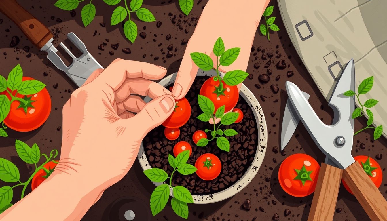 Hand planting tomato seeds in soil pot