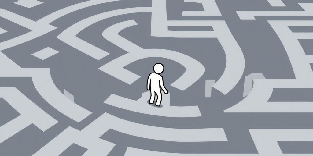 Abstract maze with a shadowy figure navigating.
