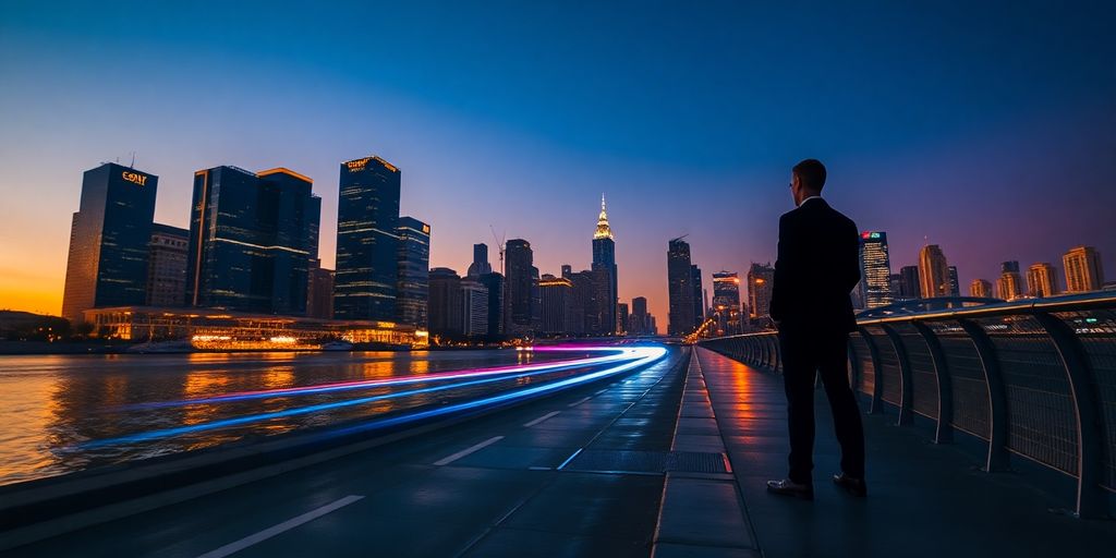 Blurred business silhouette against illuminated neon-blue glass skyscrapers at dusk.