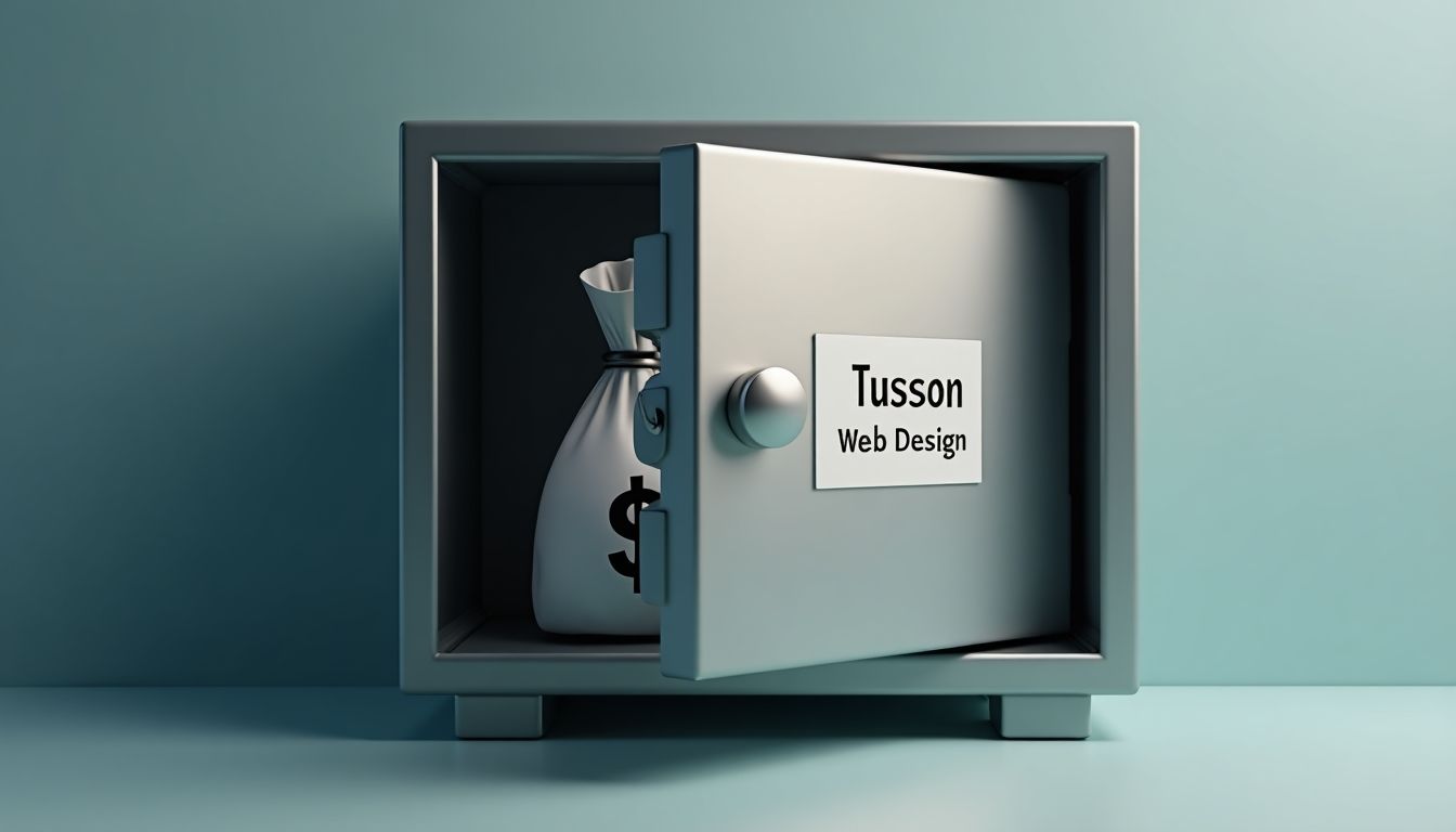 Open safe with bank bag labeled Tucson Web Design.
