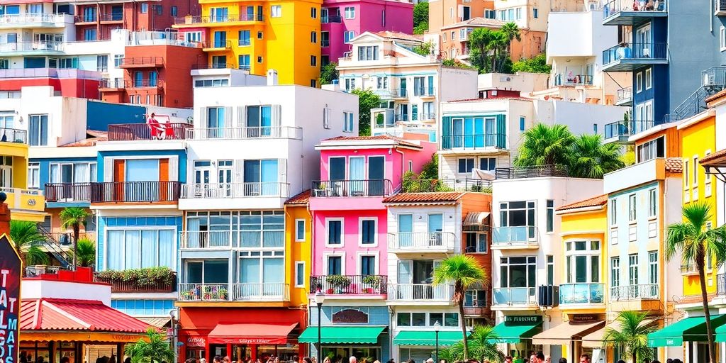 Paysage urbain avec diverses propriétés de location et une atmosphère animée.